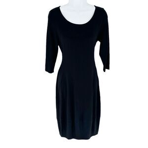 Eileen Fisher Dress Womens Small Black Midi Scoop Neck Jersey Stretch Modest